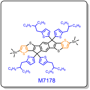 M7178——3,9-bis(trimethylstannane)-5,5,11,11-tetrakis(5-(2-ethylhexyl)-thiophen-2-yl)-dithieno[2,3-d:2′,3′-d′]-s-indaceno[1,2-b:5,6-b′]- dithiophene