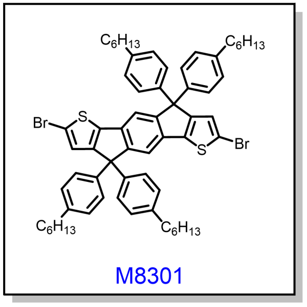 M8301——2,7-dibromo-4,4,9,9-tetrakis(4-hexylphenyl)-4,9-dihydro-s-indaceno[1,2-b:5,6-b']dithiophene