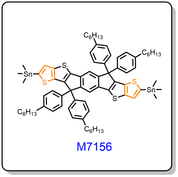 M7156——3,9-bis(trimethylstannane)-5,5,11,11-tetrakis(4-hexylphenyl)-dithieno[2,3-d:2′,3′-d′]-s-indaceno[1,2-b:5,6-b′]- dithiophene