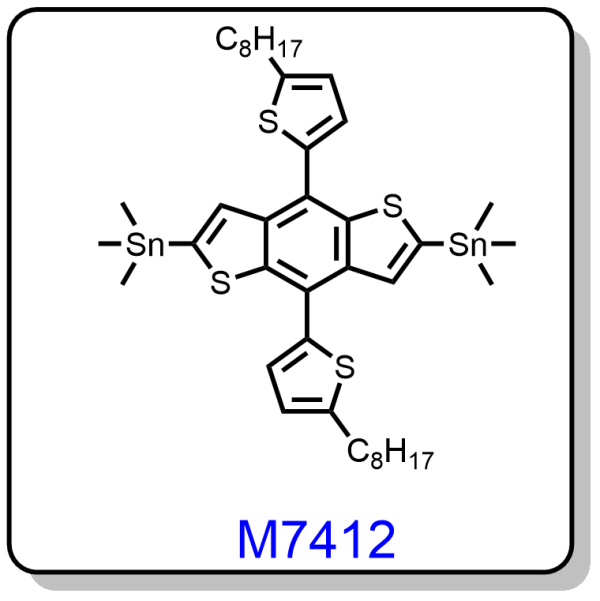 M7412——(4,4',4'',8,8',8''-hexakis(5-(2-ethylhexyl)thiophen-2-yl)-[2,2':6',2''-terbenzo[1,2-b:4,5-b']dithiophene]-6,6''-diyl)bis(trimethylstannane)